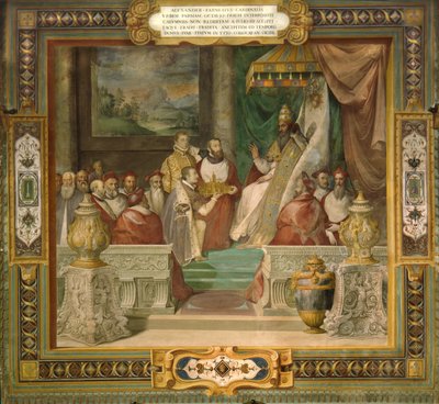 Alessandro and Ottavio Farnese presenting a model of the city of Piacenza to Pope Julius III by Taddeo Zuccari